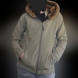 MARMOT Furlong Jacket Faux Fur Trimmed Hood Tan Zip up Coat Women's size Small